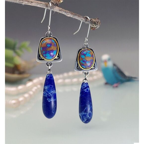 Beautiful Faux Lapis Lazuli Blue Stone Teardrop Dangle Earrings Silver Tone Hook - Picture 1 of 10